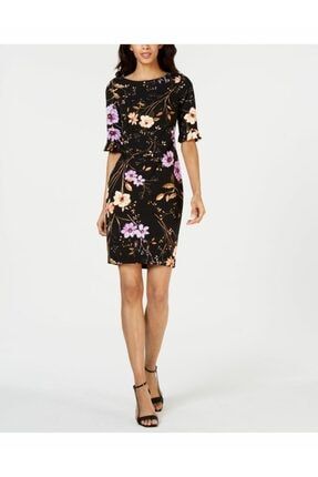 Kadın Siyah Çiçekli Kılıf Elbise ELB-P050