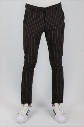 Erkek Kahverengi Kışlık Çizgili Kaşe Dar Kesim Pantolon 20INPC140