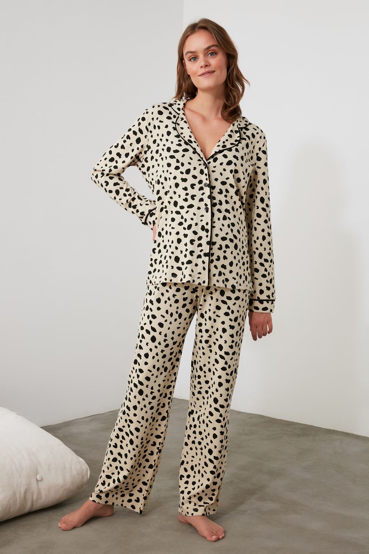 Trendyol Collection-Leopard Print Beige Cotton Pajamas Set - Shirt and Pants Thmaw21pt0489 18