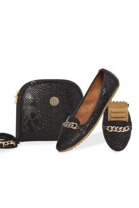 Kadın Siyah Elegance Babet Ayakkabı Çanta Set CL24020