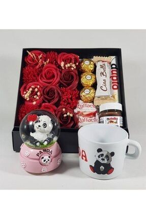 Sevgiliye Hediye Gül Kutusunda Ferrero Çikolata Panda Kutulu Kupa Panda Küre Set HAN-1034