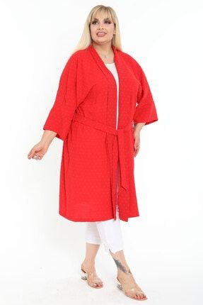 Kadın Kırmızı Puantiye Kabartmalı Ayrobin Büyük Beden Kimono 2140114