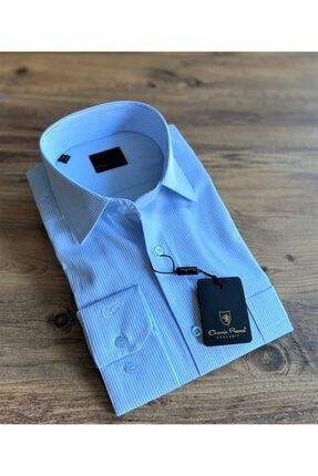 Klasik Kesim Mavi Çizgili Klasik Yaka Gömlek CH91160