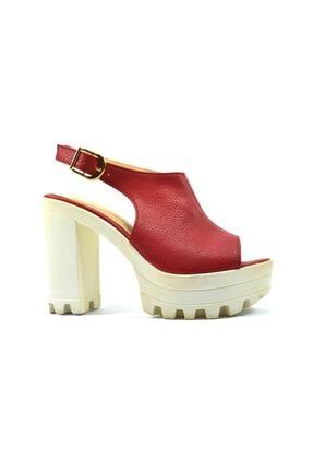 9004 Suni Deri Kırmızı Dolgu Topuklu Kadın Sandalet BTY9004