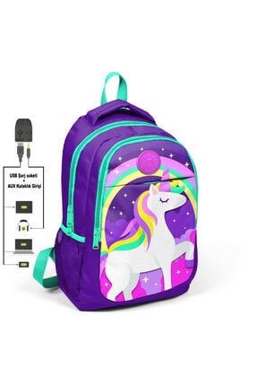 Adalinhome Kids Unicornlu Üç Bölmeli Usb Şarjlı Kulaklık Çıkışlı Sırt Çantası ADYAYG23411-1