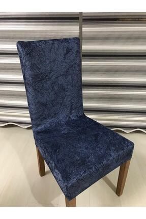 Ipek Kadife Lacivert Sandalye Kılıfı Damar Desenli Dijital Baskılı 6 Adet Likralı Lastikli Örtü TYC00169462344
