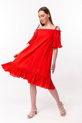 Kırmızı Madonna Yaka Askılı Volanlı Vual Elbise 21L7016