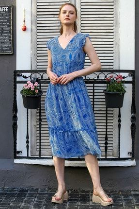 Kadın Mavi V Yaka Kolsuz Çizgi Desenli Astarlı Şifon Elbise M10160000El94790 M10160000EL94790