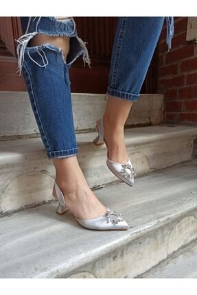 Gümüş Saten Güneş Taş 7 cm Arkadan Lastikli Kadın Topuklu Ayakkabı DS-PALMO