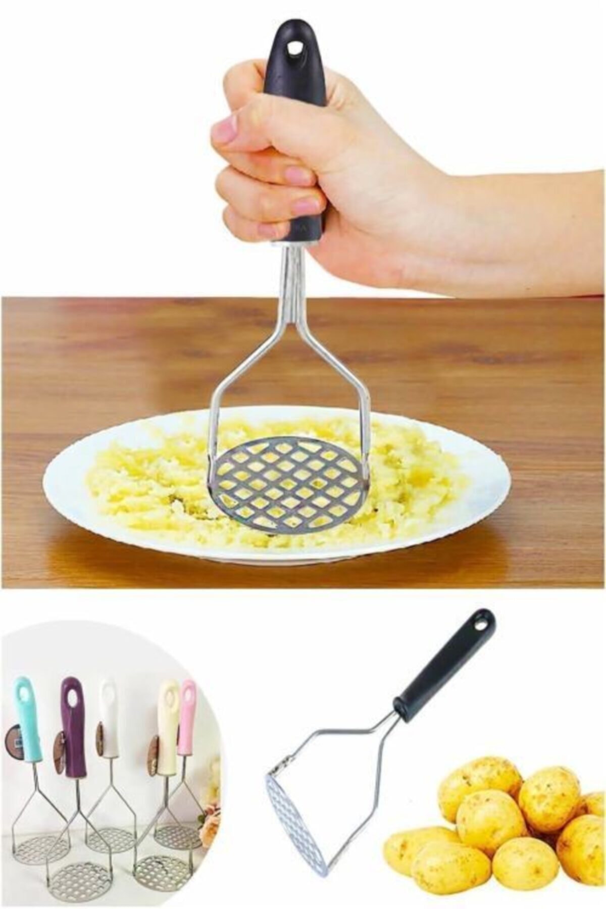 AKCAKESE Lüx Renkli Saplı Metal Patates Ezici