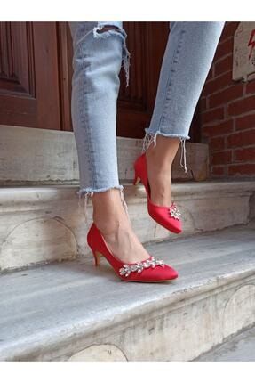 Kırmızı Saten Yaprak Taşlı 5 Cm Kadın Topuklu Ayakkabı DS-ANETS