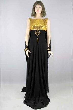 Abiye Elbise Uzun Belden Kloş Göğsü Sarı Pullu Şifon, Kolsuz Sırt Pelerinli Broşlu Siyah 2618