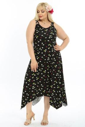 Kadın Siyah Papatya Desen Toka Detay Büyük Beden Elbise 2110165