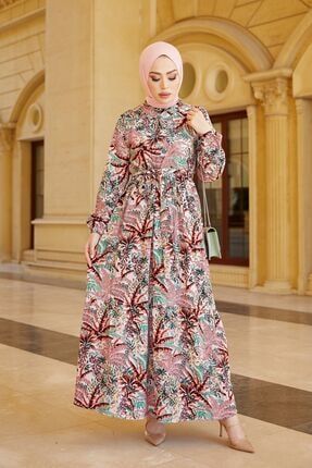 Kadın Renkli Palmiye Pembe Elbise renklipalmiy367