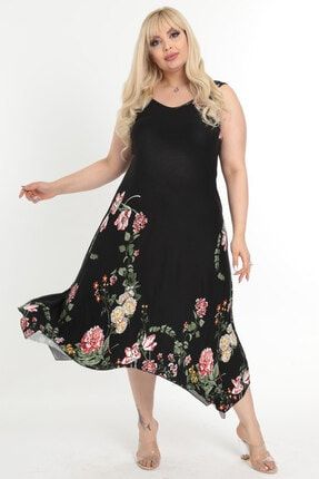 Kadın Siyah Çiçek Desen Toka Detay Büyük Beden Elbise 2110165