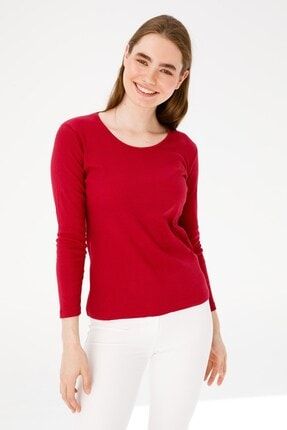 Kadın Sıfır Yaka Uzun Kol Basic Pamuklu T-shirt Vişne 20785