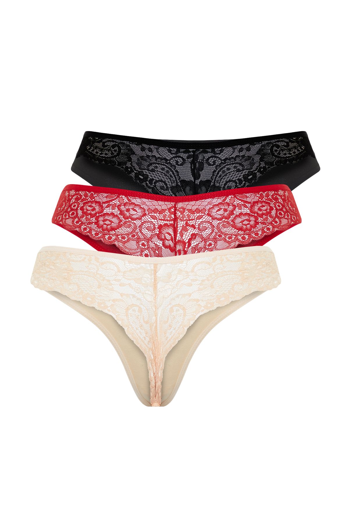 Trendyol Collection-Schwarz-rotes Haut-3-teiliges Baumwoll-Spitzen-Tanga-Strickhöschen (THMAW21KU0012) 8