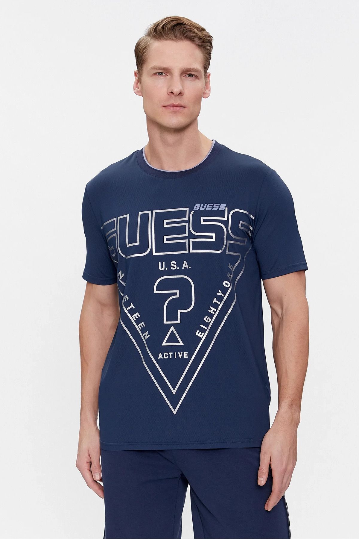 تی شرت آبی مردانه طرح مثلث Guess