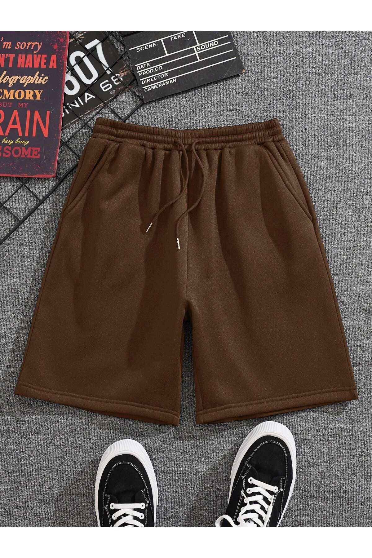 MODARİCH Pantaloni Scurți Maro Tricotați Cu Talie Înaltă - Fără Model Și Buzunare Femeie - M