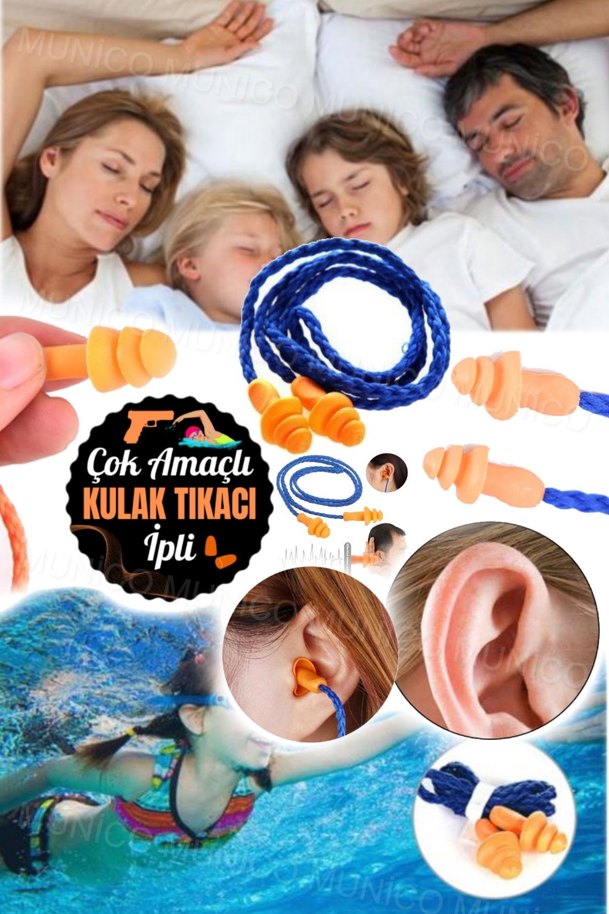 Munico Ses Ve Gürültü Önleyici İpli Kulak Tıkacı,Kulak Koruma Tıkacı Uyku Su Geçirmez Fabrika Kulak Tıkacı