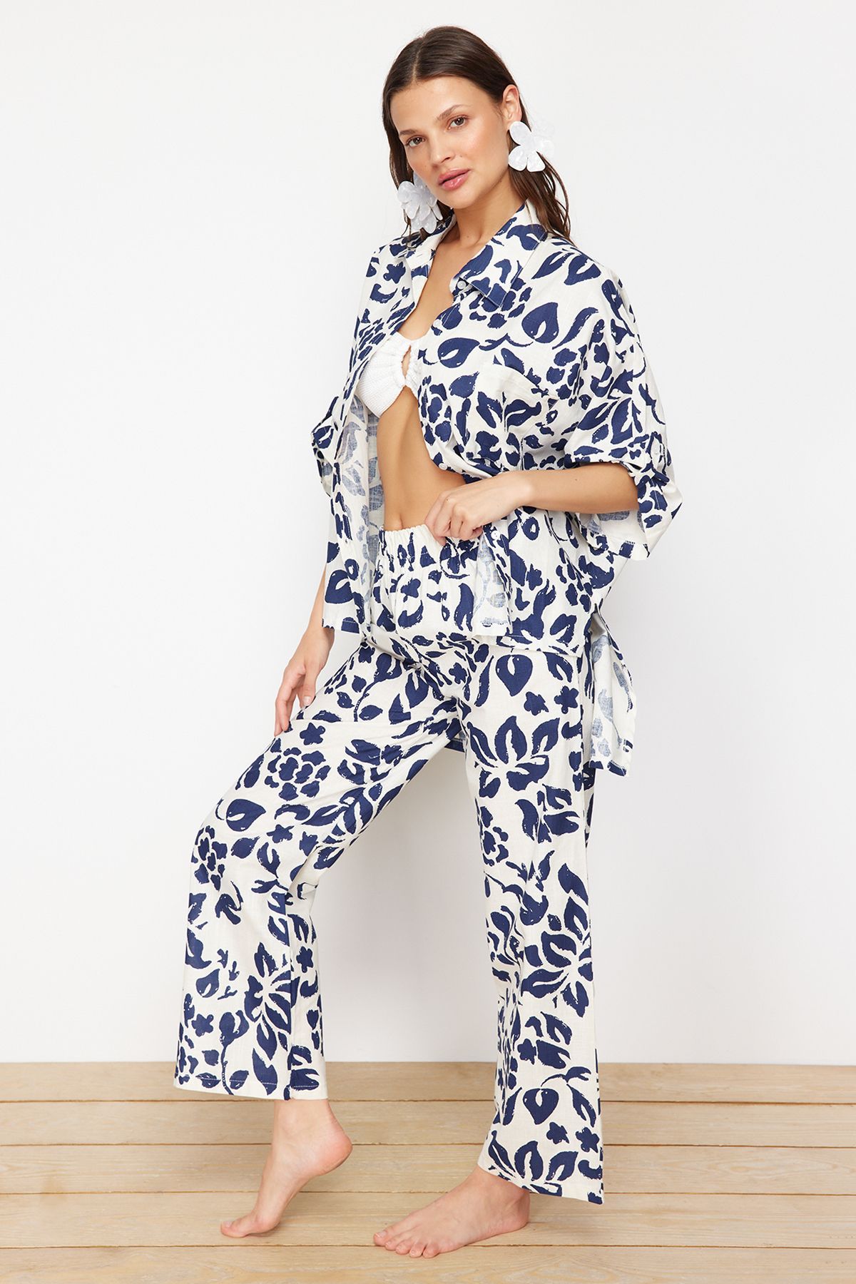 Trendyol Collection Komplet Spodni Kimono Z Nadrukiem Kwiatowym Kobieta - 36
