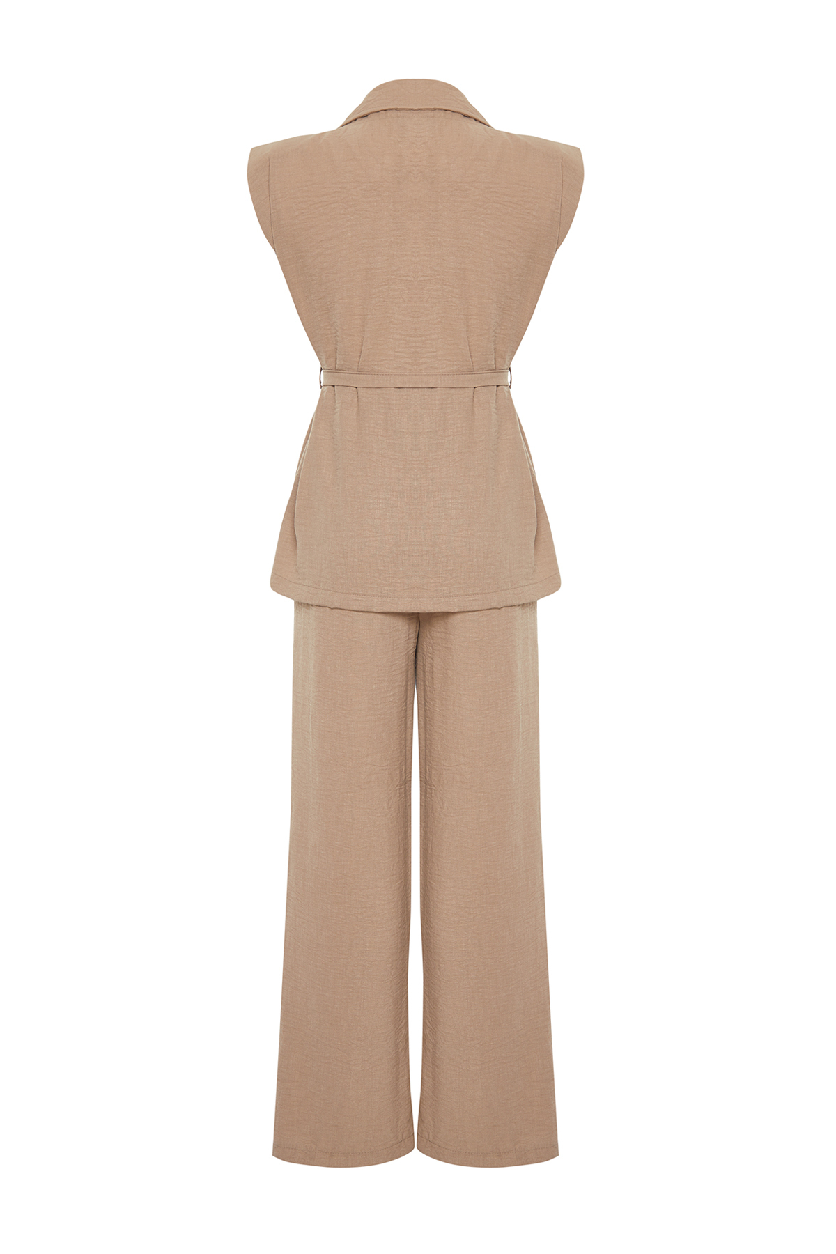 Trendyolmilla  Koyu Bej Kruvaze Bağlamalı Dokuma Ayrobin Bluz-Pantolon Takım TWOSS24AU00041 - Görsel 8