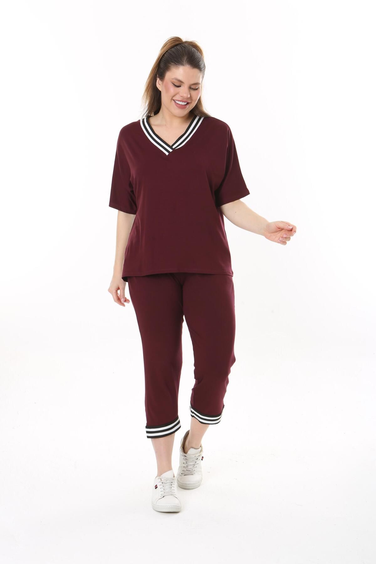 mami butik-MĂRIME PLUSĂ GULER CU DUNGIURI ÎN V MÂNECĂ SCURTĂ CAPRILĂ ȚESĂ PIETANATĂ VISCOSCON SET ElegANT 4