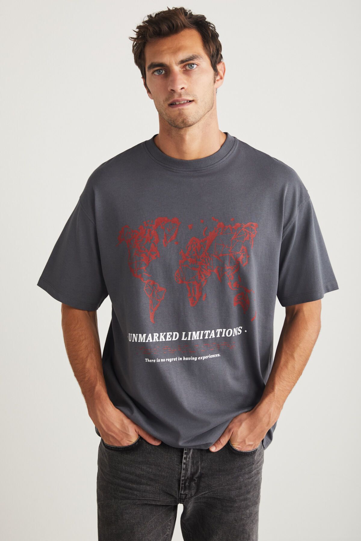 GRIMELANGE Leaf Men s Crew Neck 100 Cotton Printed Gray T shirt Trendyol
