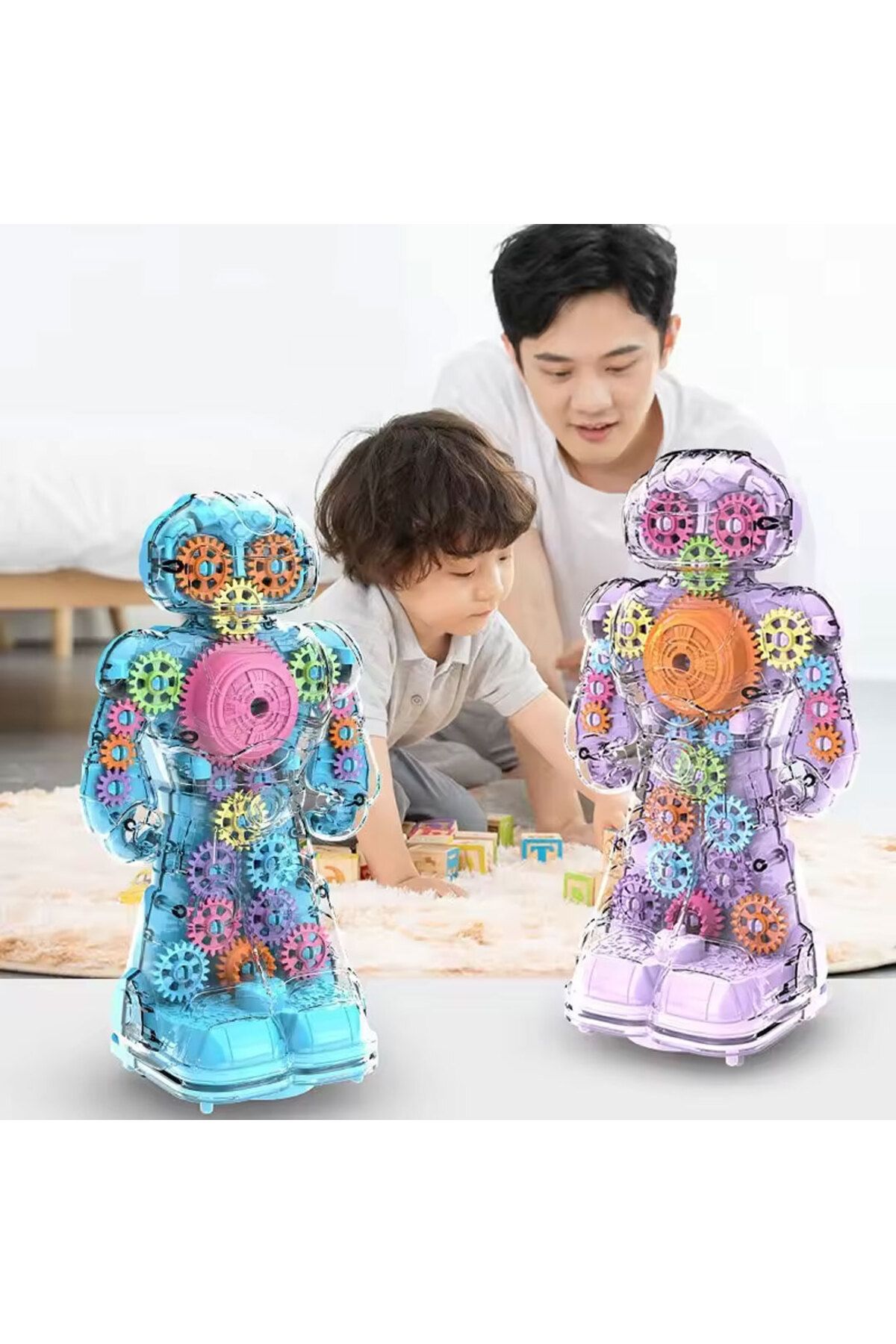 OYUNCAK STORE-Transparent Robot - 360 Degree Rotating Toy with Gear, Sound and Light 7