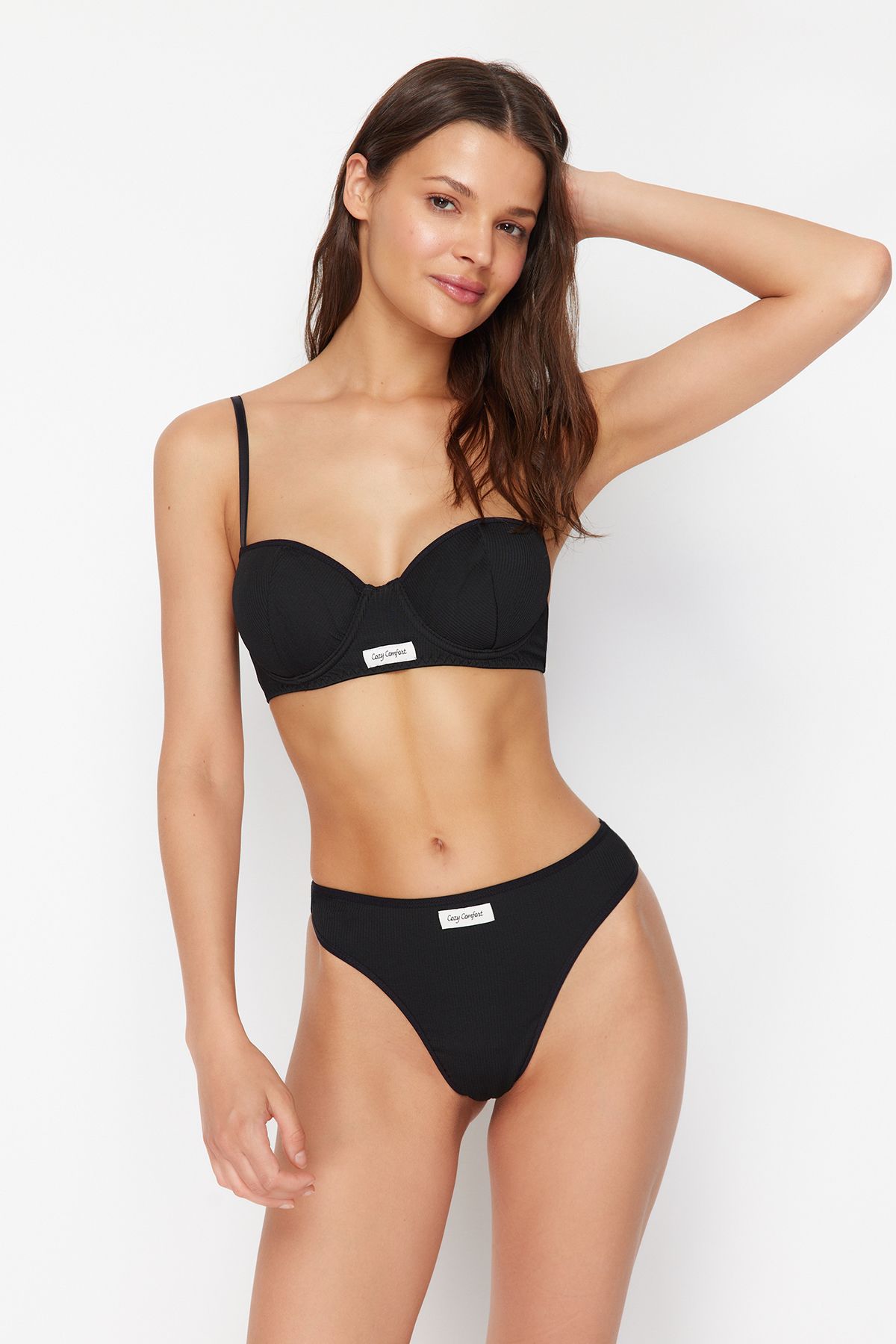 Trendyol Collection-Černá 100% bavlna, detailem štítku, bez podvazků, pletená sada spodního prádla THMSS24CC00029 2