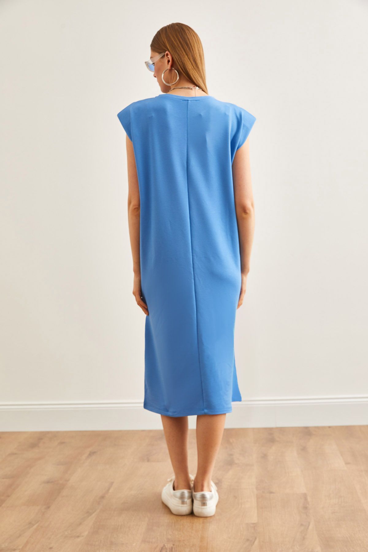 Olalook-Blaues Kleid mit Schulterpolstern und Schlitz und Kristallen für Damen ELB-19002086 5