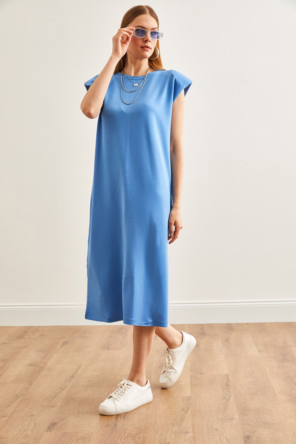 Olalook-Blaues Kleid mit Schulterpolstern und Schlitz und Kristallen für Damen ELB-19002086 3