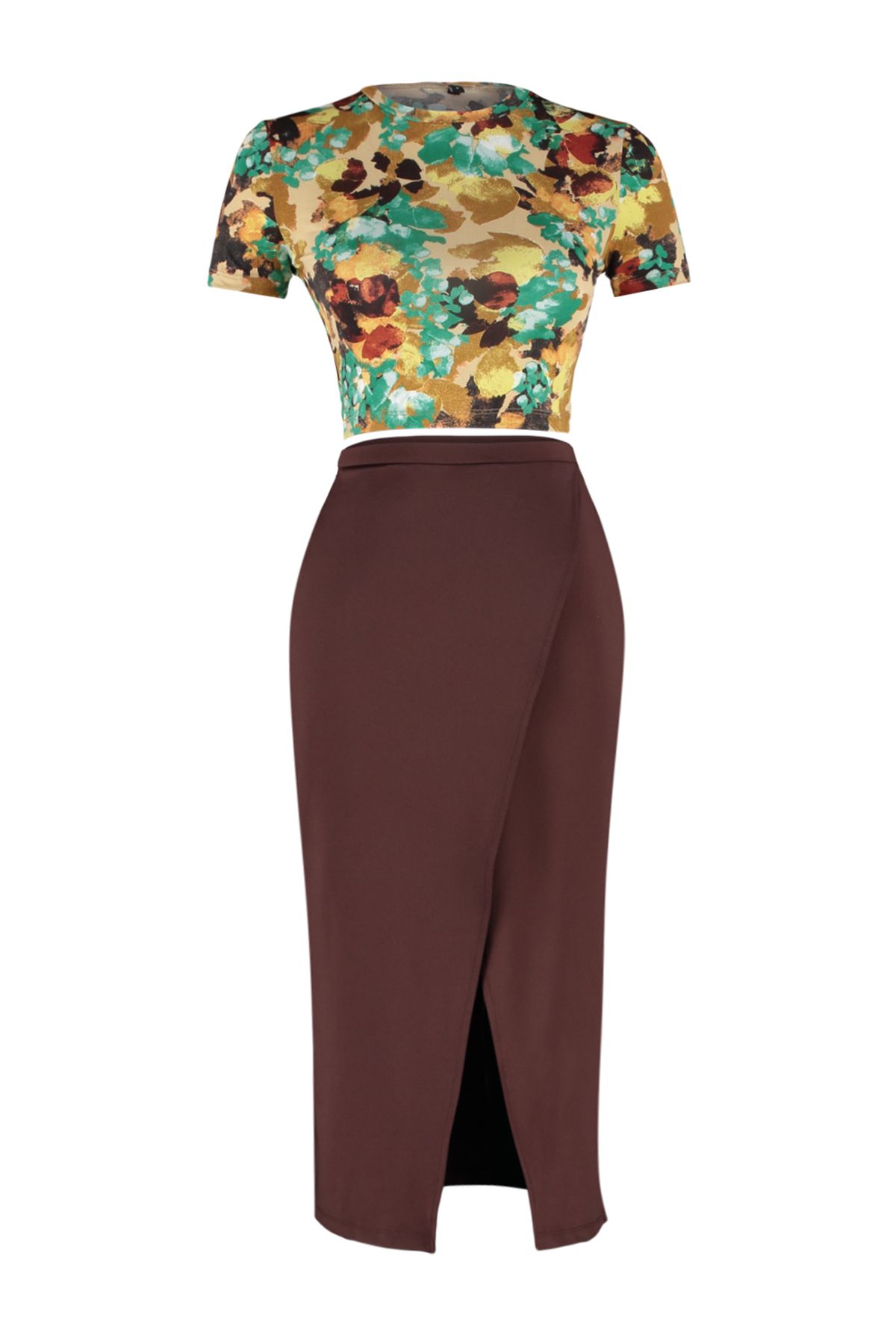 Trendyol Collection-Multi-Color Printed Flexible Body-Fitting and Midi-Length Knitted Blouse and Skirt Bottom-Top Set TWOSS24AU00123 7