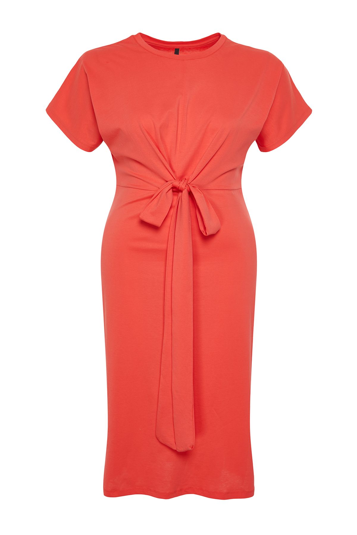 Trendyol Curve-Rotes Maxi-/Lang-Strickkleid – Gerader Schnitt, Bindedetail und Schlitz 100 % Baumwolle TBBSS22EL1640 7