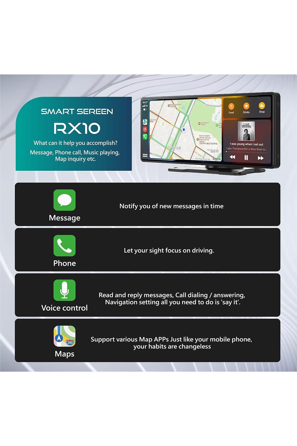 CORAL VISION-RX10 10 inch Portable CarPlay Wireless CarPlay Large Smart Screen Dashboard of Android Auto 6