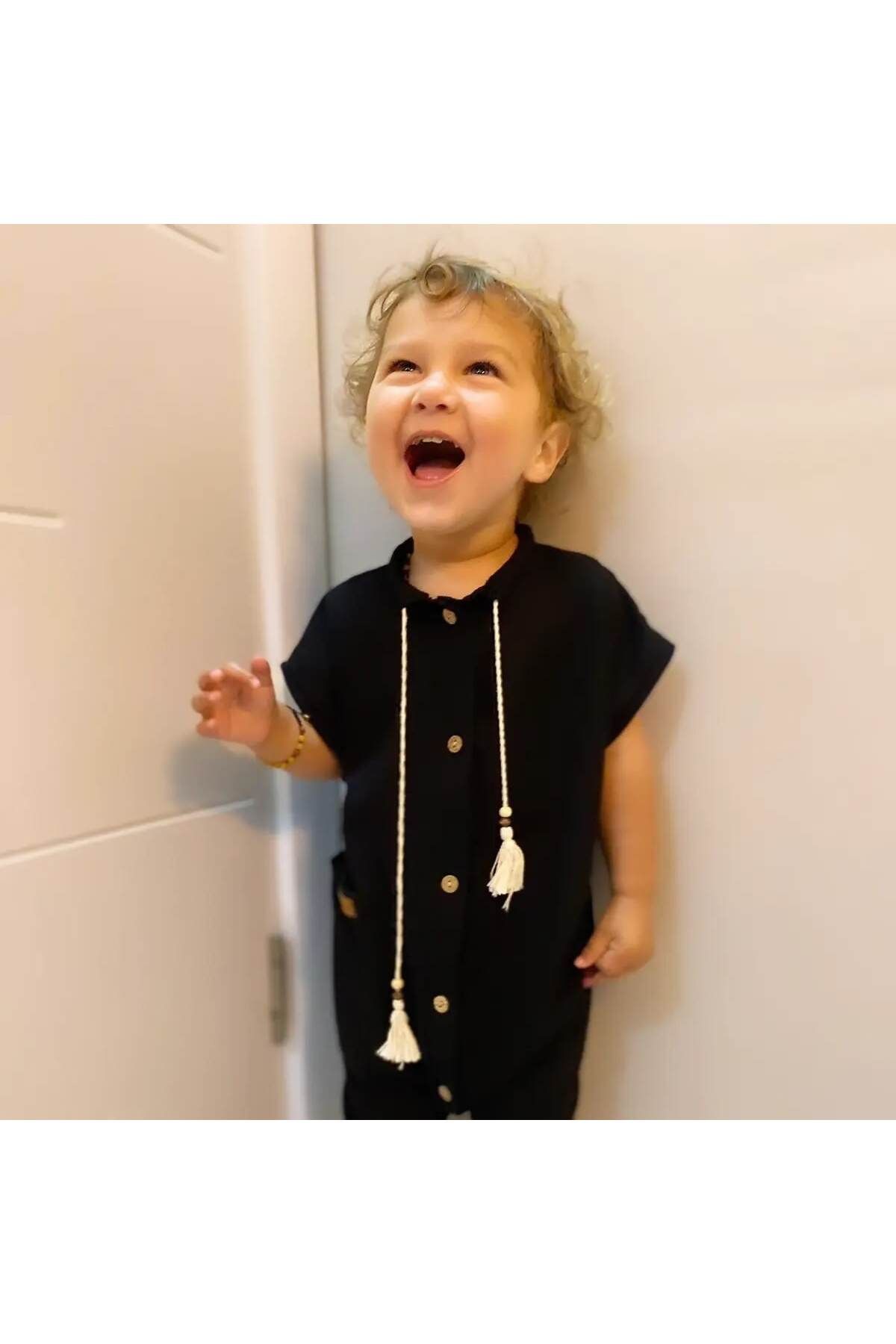MERRAKİDS-Black Jumpsuit - Buttoned, Sorted and Tassel Detailed 4