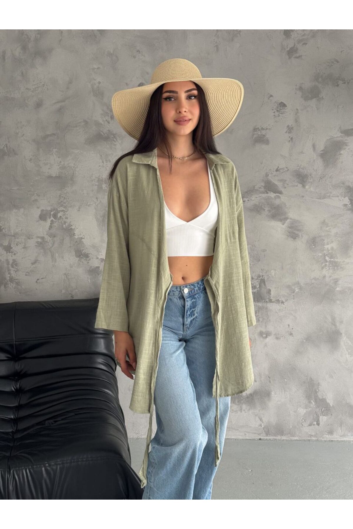 Kadın Haki Keten Kimono Gömlek Bisiklet Yaka Regular Kesim