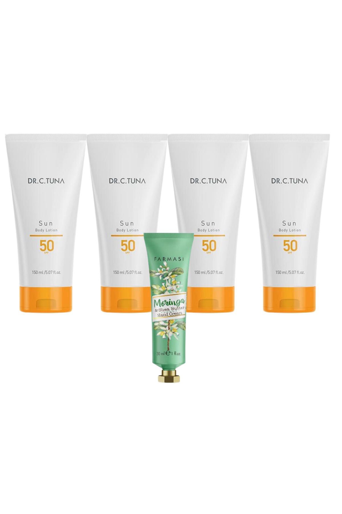 لوسیون بدن سری جدید Dr.c.tuna سری سان با SPF 50 150 میلی لیتر 4 عدد + کرم دست مورینگا و شی باتر Farmasi