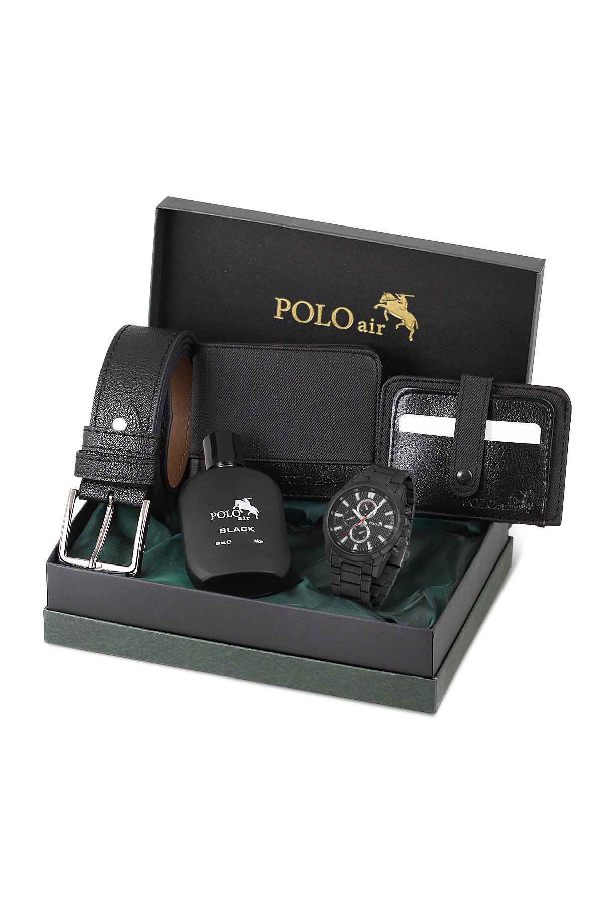 Polo Air Erkek Kol Saati Parfüm Cüzdan Kemer Kartlık Kombin Set Pl-0831e1 Siyah Set