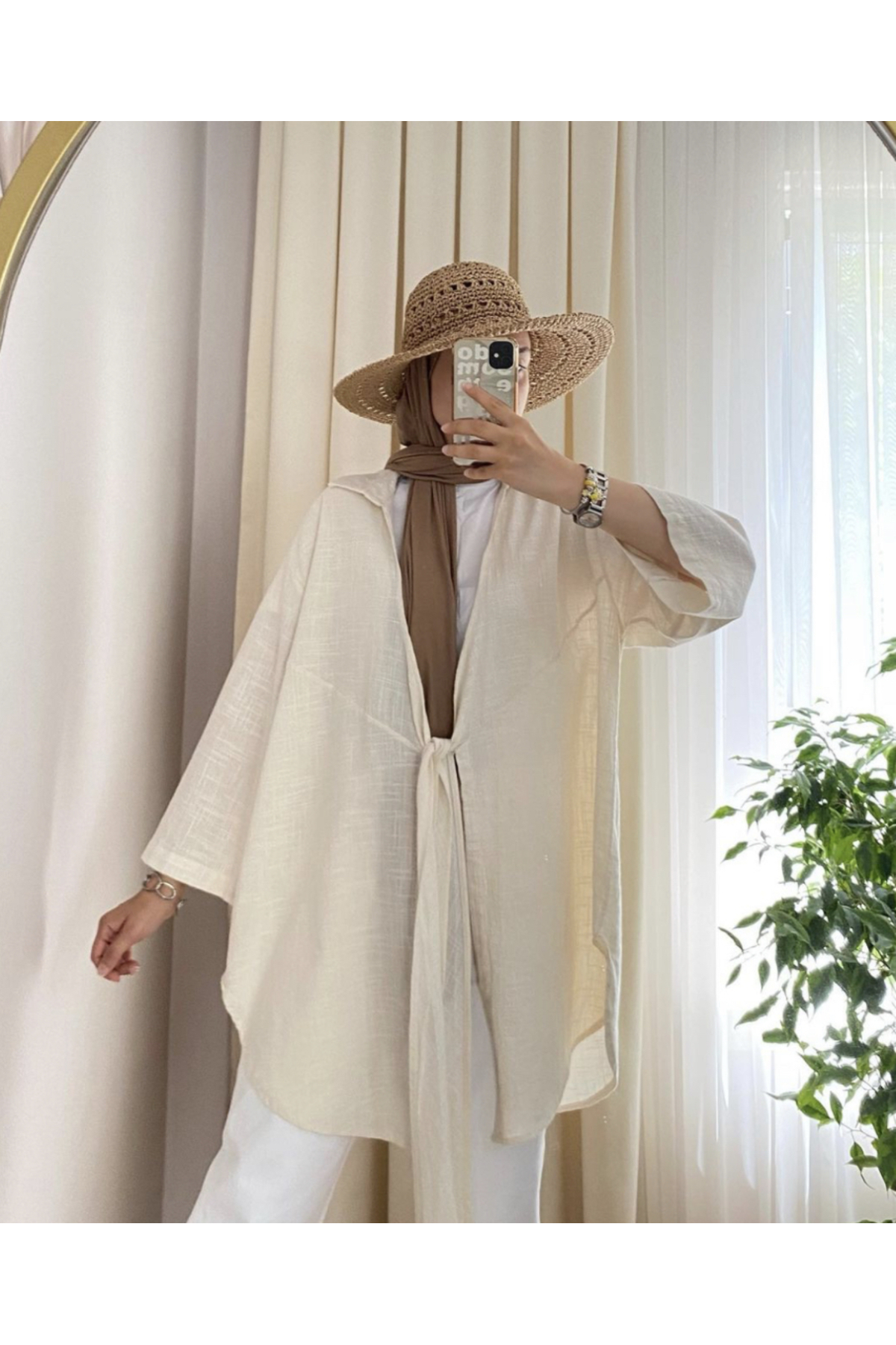 Kadın Keten Kimono Gömlek Taş Uzun Kollu