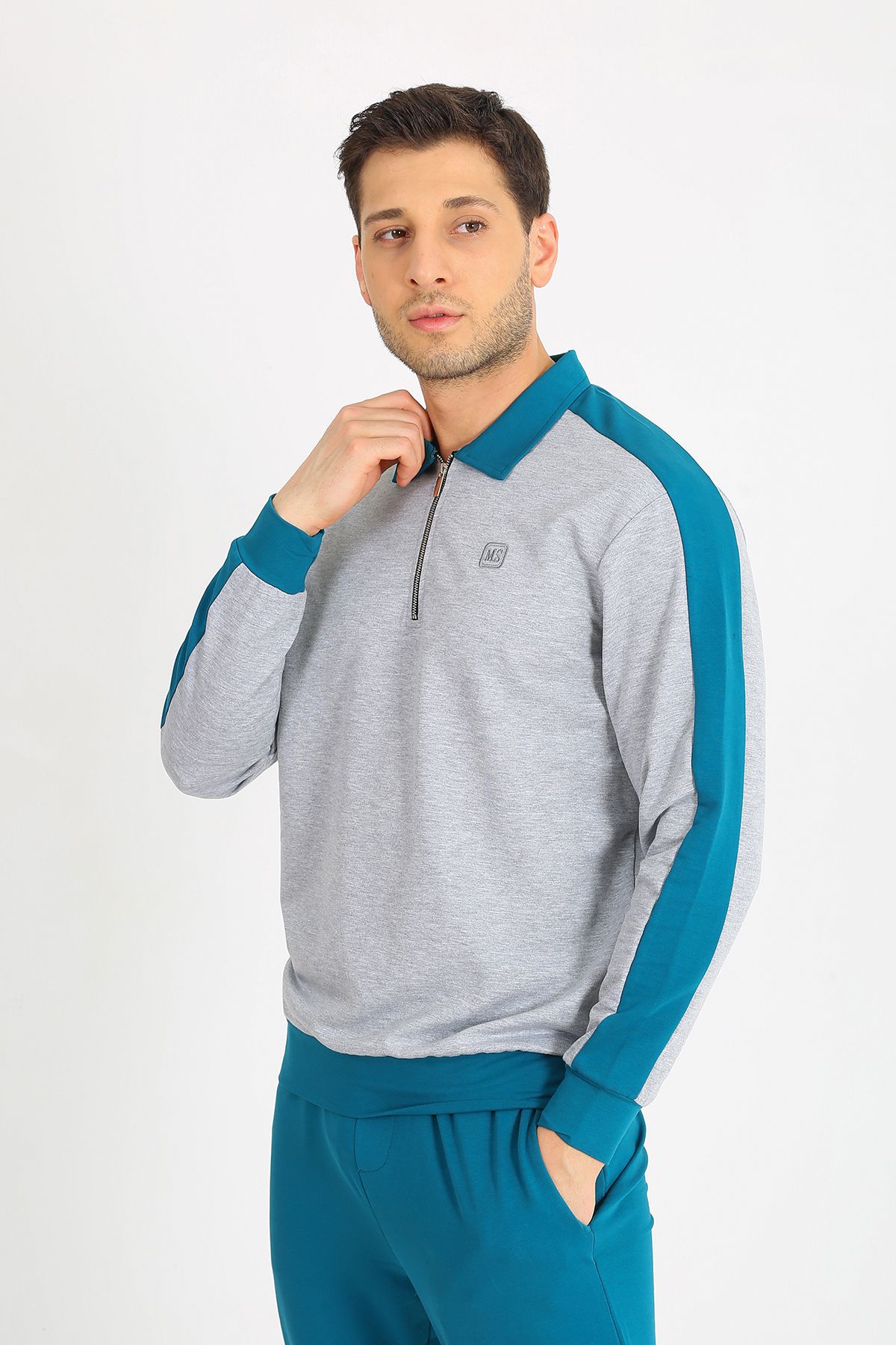 LACİVERTMEN-7070 Regular Fit - Half Zippered Double Color Matching Men's Set 4