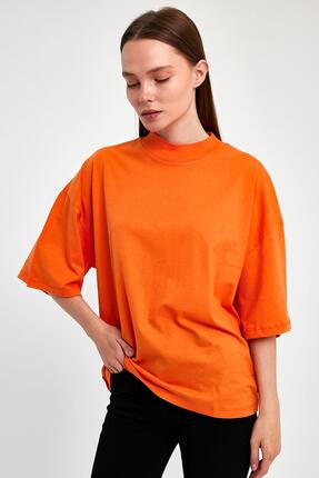 FİHA /3012-KADIN YARIM BALIKCI YAKA KISA KOL T-SHIRT - ORANJ