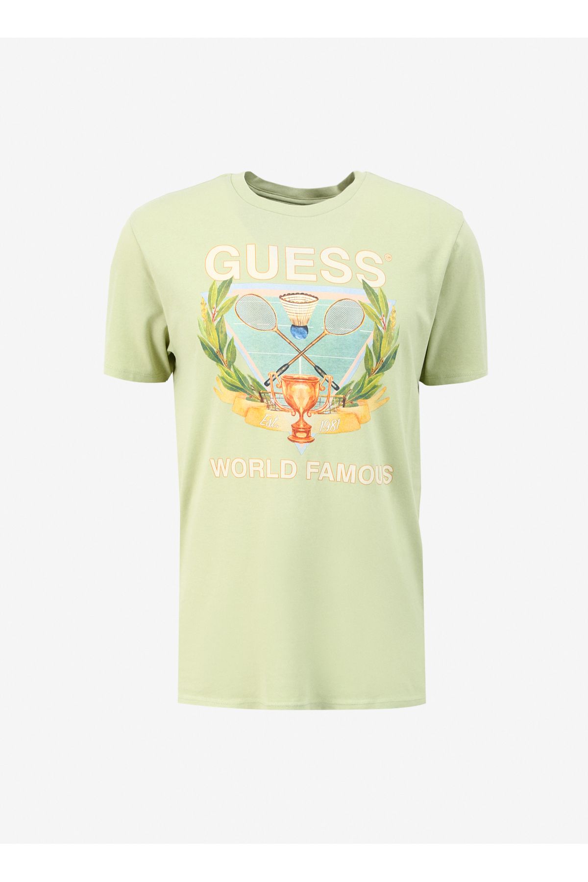 تی شرت سفید مردانه یقه دوچرخه طرح دار خاکی bsc مشهور Guess