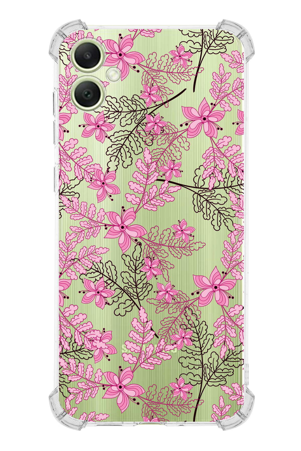 Samsung A05 Uyumlu Köşe Korumalı Floral Pembe Tasarımlı Şeffaf Silikon Kılıf