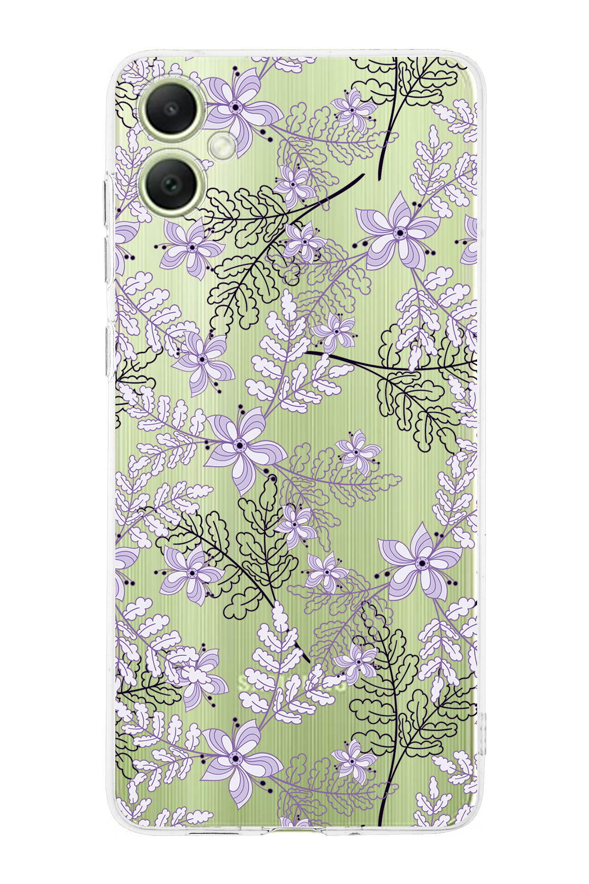 Samsung A05 Uyumlu Kamera Korumalı Floral Lila Tasarımlı Şeffaf Silikon Kılıf