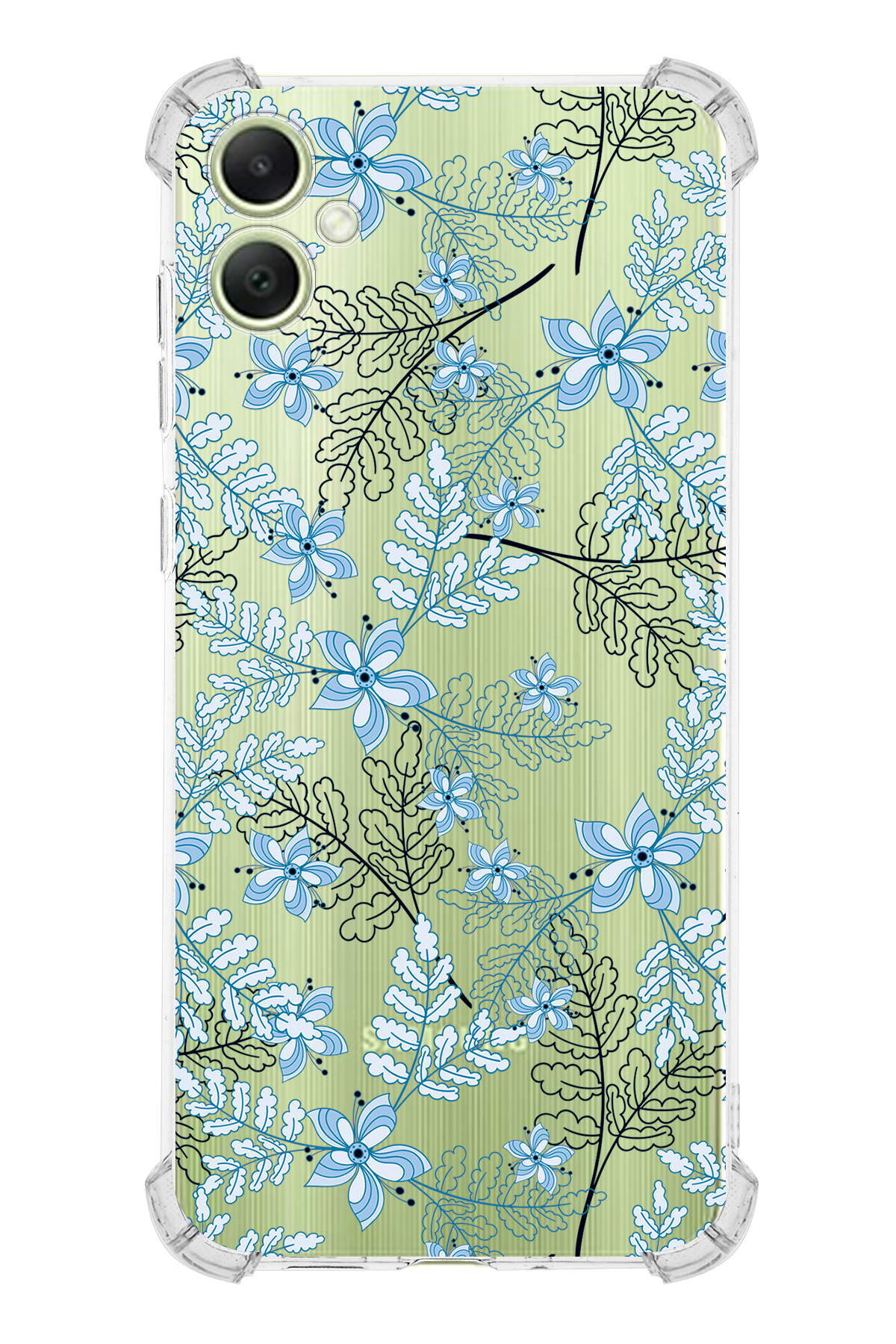 Samsung A05 Uyumlu Köşe Korumalı Floral Mavi Tasarımlı Şeffaf Silikon Kılıf