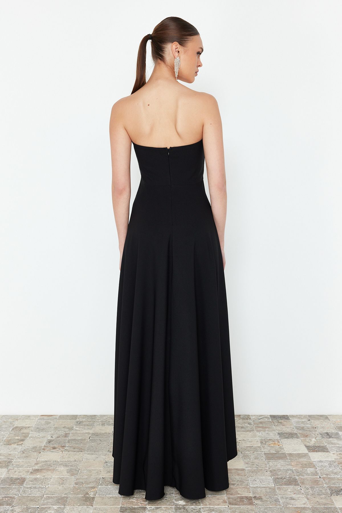 Trendyol Collection-Black Long A-Cut Woven Evening Dress with Stone Accessories - TPRSS24AE00175 6