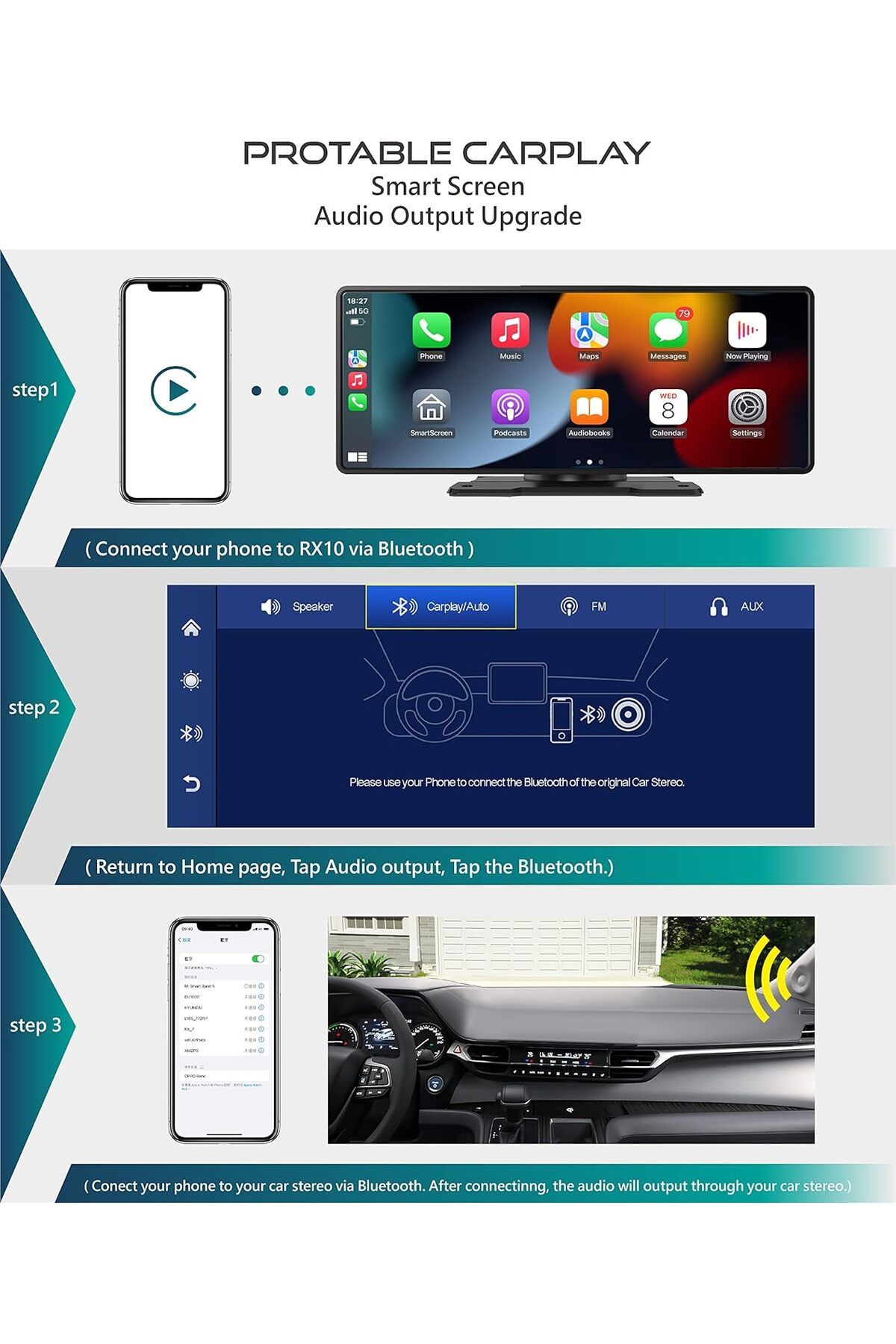 CORAL VISION-RX10 10 inch Portable CarPlay Wireless CarPlay Large Smart Screen Dashboard of Android Auto 8