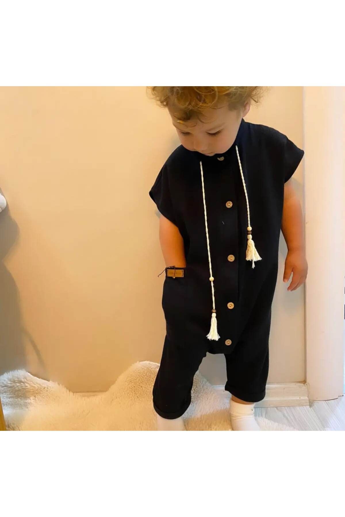 MERRAKİDS-Black Jumpsuit - Buttoned, Sorted and Tassel Detailed 2
