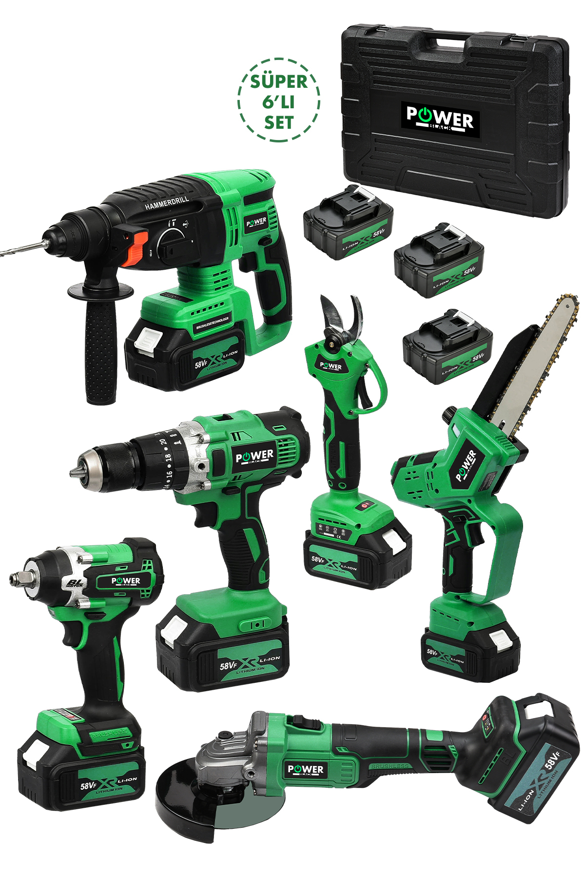 POWER BLACK Profesyonel 6 Lı Set Avuç Taşlama Kırıcı Delici Hilti Makas Testere Darbeli Matkap Somun Sökme